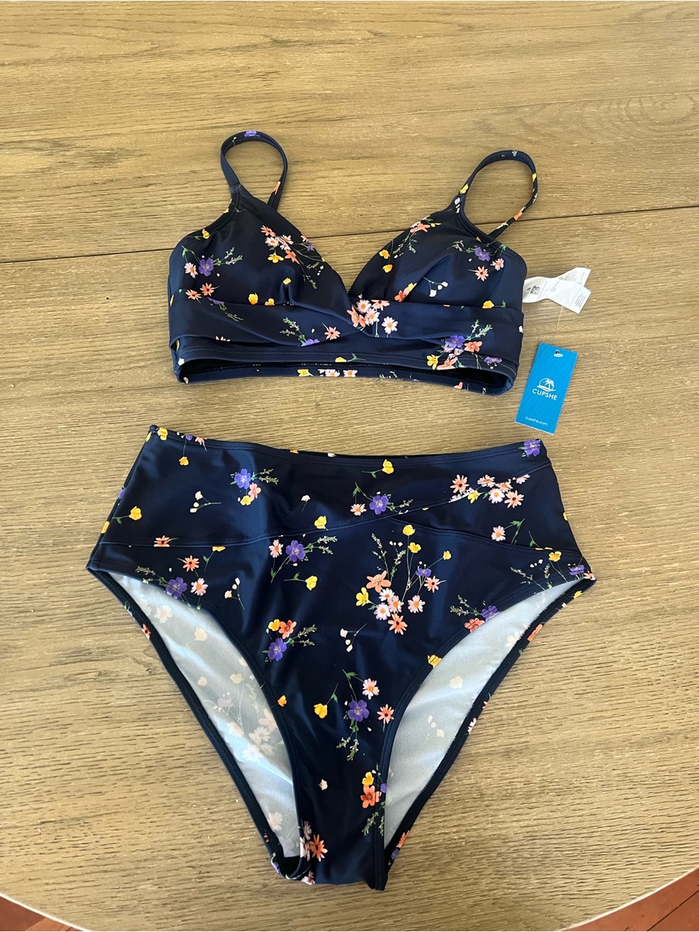 Cupshe Navy Floral High-Waist Bikini Set - size small top medium bottoms